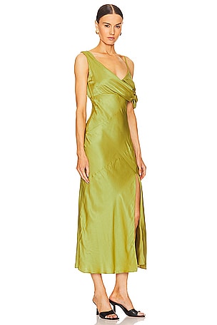 NICHOLAS Finley Asymmetrical Draped Midi Dress in Green