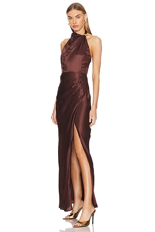 NICHOLAS Galilea High Neck Gold Trim Maxi Dress in Chocolate