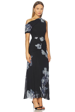 NICHOLAS Elza Off Shoulder Panelled Midi Dress in Azalea Floral. Size 8. Also
