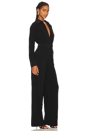 Norma Kamali Shirt Straight Leg Jumpsuit With Collar Stand in Black