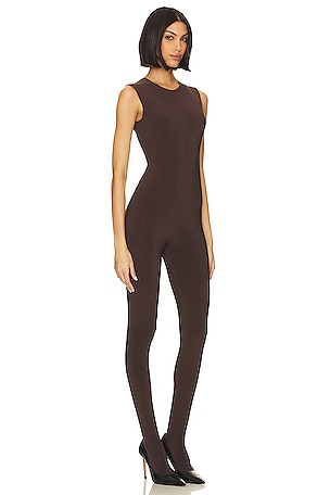 Norma Kamali Sleeveless Catsuit With Footsie in Chocolate