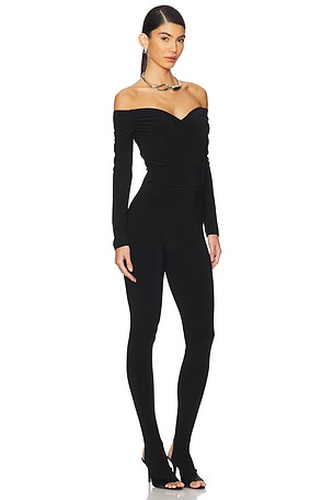 Norma Kamali Off Shoulder Sweetheart Catsuit With Footie in Black