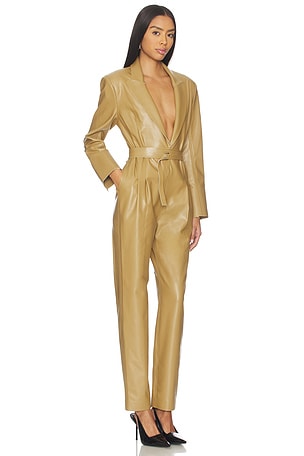 Norma Kamali Easy Fit Single Breasted Tapered Leg Jumpsuit in Tan