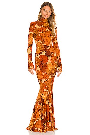 Norma Kamali Long Sleeve Turtle Fishtail Gown in Fall Leaves | REVOLVE Norma Kamali Long Sleeve Turtle Fishtail Gown in Fall Leaves | REVOLVE