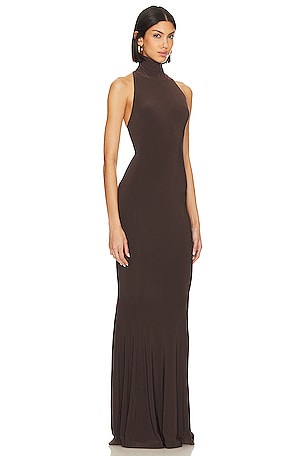 Norma Kamali Halter Turtle Fishtail Gown in Chocolate