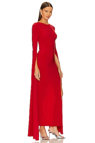 Norma Kamali Open Back Ribbon Sleeve Wide Slit Gown in Tiger Red