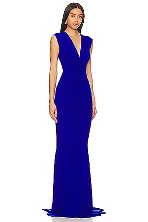 Norma Kamali Sleeveless Deep V Neck Shirred Front Fishtail Gown in Royal