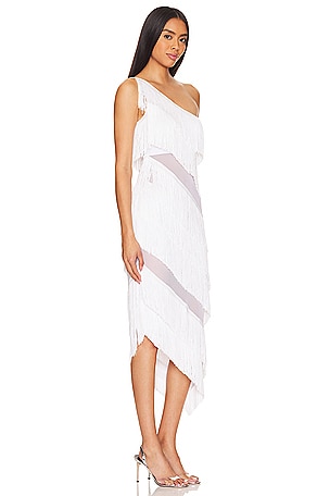 Norma Kamali Spliced One Shoulder Mid Calf Dress All Over Fringe in White