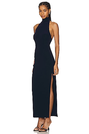 Norma Kamali Halter Turtle Side Slit Gown in Navy