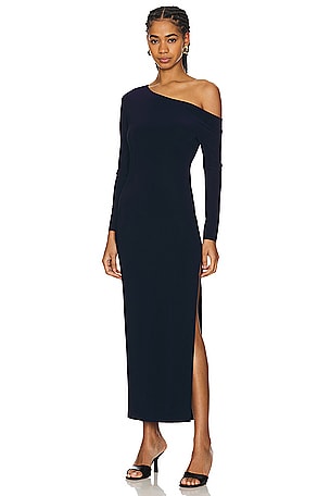 Norma Kamali Long Sleeve Drop Shoulder Side Slit Gown in Navy