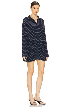 Norma Kamali Super Oversized Shirt Flared Mini Dress in Navy