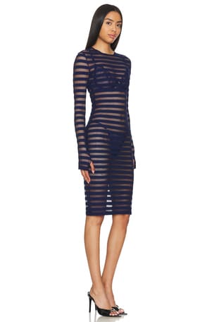 Norma Kamali Long Sleeve Crewneck Dress To Knee in Navy