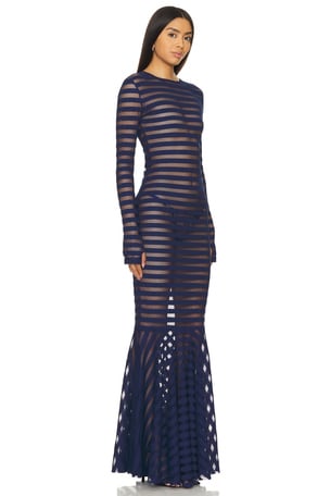 Norma Kamali Long Sleeve Crewneck Fishtail Gown in Navy