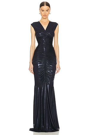 Sleeveless Deep V Neck Shirred Front Fishtail Gown Norma Kamali