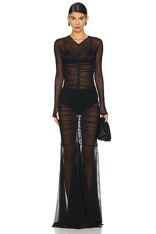 Long Sleeve V Neck Shirred Front Fishtail Gown Norma Kamali