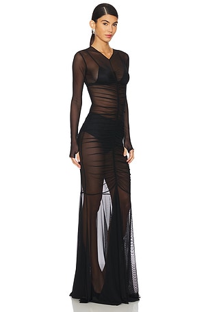 Norma Kamali Long Sleeve V Neck Shirred Front Fishtail Gown in Black