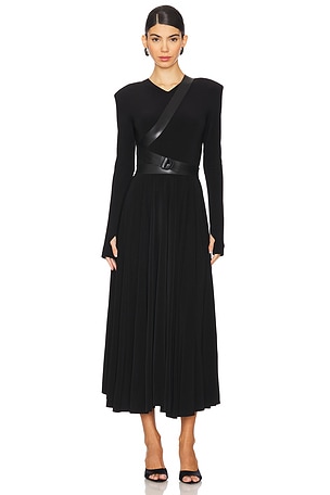 Long Sleeve Shoulder Pad V Neck Flared Dress Norma Kamali