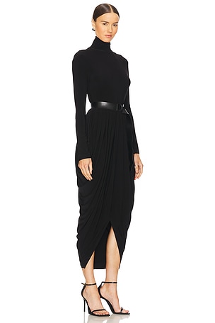 Norma Kamali Long Sleeve Turtleneck Waterfall Dress in Black