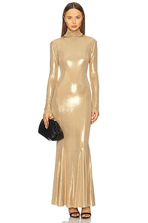 Norma Kamali Long Sleeve Turtleneck Fishtail Gown in Metallic Gold