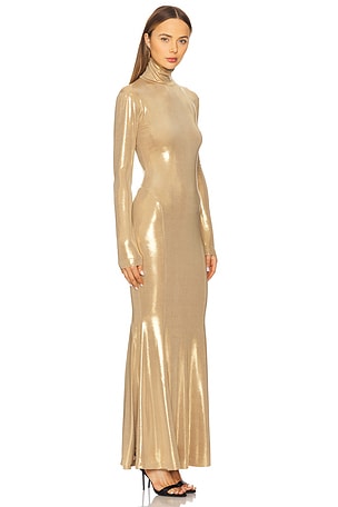 Norma Kamali Long Sleeve Turtleneck Fishtail Gown in Metallic Gold