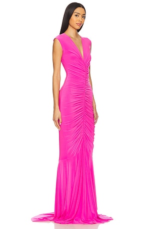 Norma Kamali x REVOLVE Sleeveless Deep V Neck Shirred Front Fishtail Gown in Pink