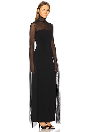 Norma Kamali Ribbon Sleeve Turtleneck Side Slit Gown en Noir