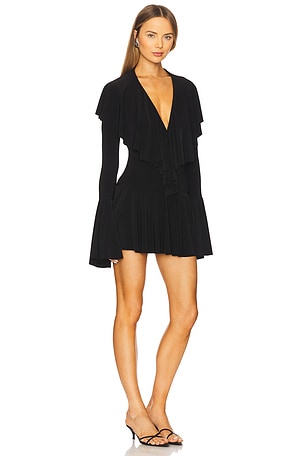 Norma Kamali Long Sleeve Deep V Ruffle Mini Dress in Black