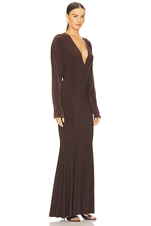 Norma Kamali x REVOLVE Dolman V Neck Fishtail Gown in Chocolate