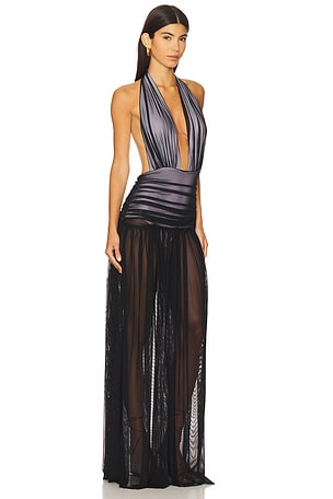 Norma Kamali Halter Shirred Gown in Black,Charcoal