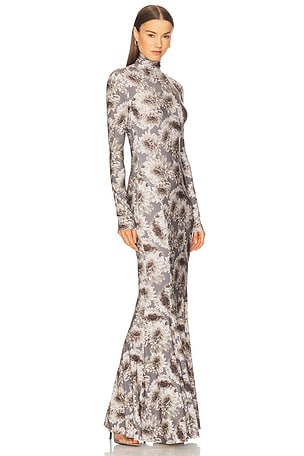 Norma Kamali Long Sleeve Turtleneck Fishtail Gown in Grey
