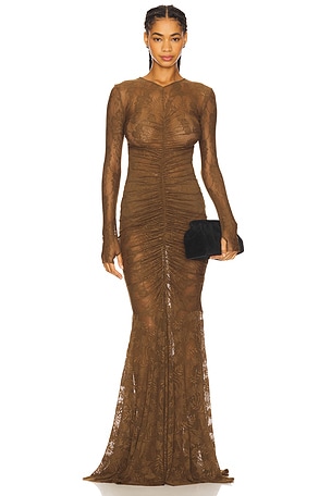 Long Sleeve V Neck Shirred Front Fishtail Gown Norma Kamali