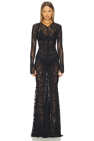 Long Sleeve V Neck Shirred Front Fishtail Gown Norma Kamali