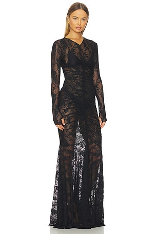 Norma Kamali Long Sleeve V Neck Shirred Front Fishtail Gown in Black. Size XXS. Also