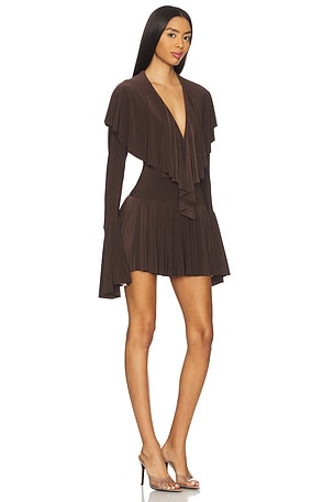 Norma Kamali x REVOLVE Long Sleeve Deep V Ruffle Mini Dress in Chocolate