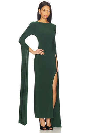 Norma Kamali Open Back Ribbon Sleeve Wide Slit Gown in Green