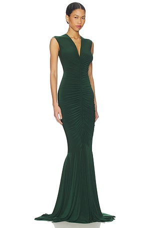 Norma Kamali x REVOLVE Sleeveless Deep V Neck Shirred Front Fishtail Gown in Green