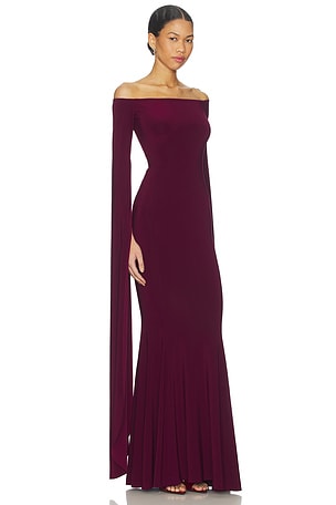 Norma Kamali Off Shoulder Ribbon Sleeve Fishtail Gown in Burgundy