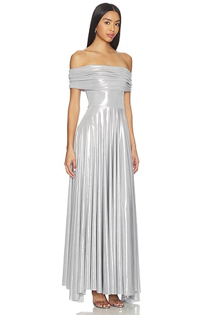 Norma Kamali Sleeveless Cowl Neck Flared Gown in Metallic Silver
