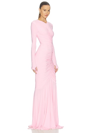 Norma Kamali Long Sleeve V Neck Shirred Front Fishtail Gown in Pink