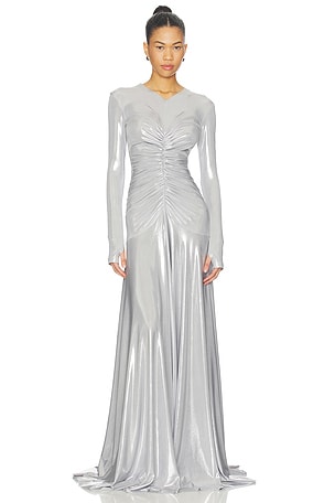 Long Sleeve V Neck Shirred Front Flared Gown Norma Kamali