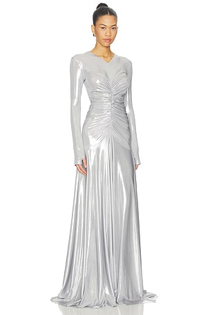 Norma Kamali Long Sleeve V Neck Shirred Front Flared Gown in Metallic Silver