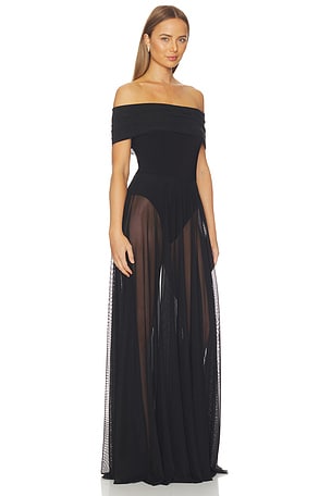Norma Kamali Sleeveless Cowl Neck Combo Flared Gown in Black