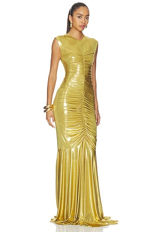 Norma Kamali Sleeveless V Neck Fishtail Gown in Metallic Gold
