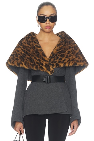 Shawl Collar Peplum Jacket in Dark Heather Grey & Spotted Animal Norma Kamali