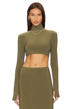 LaQuan Smith Keyhole Bodysuit With Ruched Neck Detail in Stone
