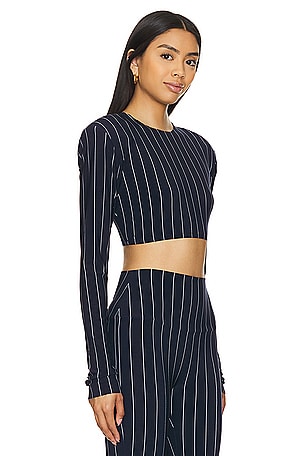 Norma Kamali Cropped Shoulder Pad Long Sleeve Crew Top in Navy