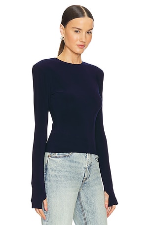 Norma Kamali Shoulder Pad Long Sleeve Crew Top in Navy