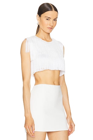 Norma Kamali Midriff Sleeveless Fringe Tee in White