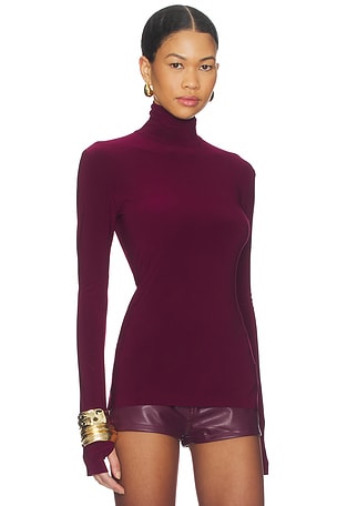 Norma Kamali Slim Fit Long Sleeve Turtle Top in Burgundy