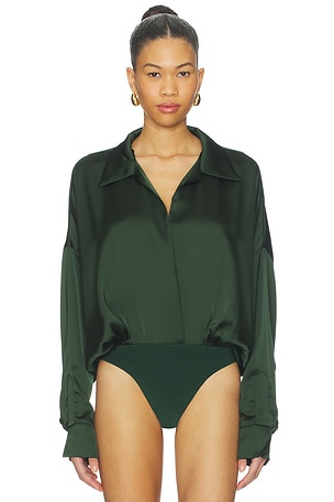Norma Kamali Super Oversized Boyfriend Shirt Bodysuit in Dark Green
